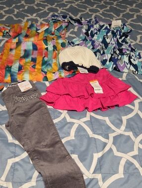 Gymboree Girls Multicolor Tops, Pink Ruffle Skirt, Gray Pants & White Knit Hat